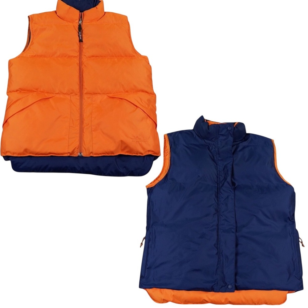 VTG LL Bean Puffer Vest Women Small Orange Navy Reversible Goose Down Quilted